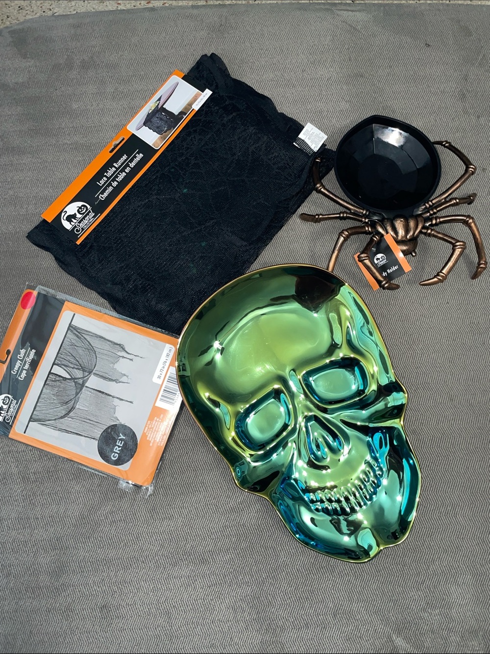 Halloween Iridescent Skull Plate and Spider Candy Bowl Table Runner and Web